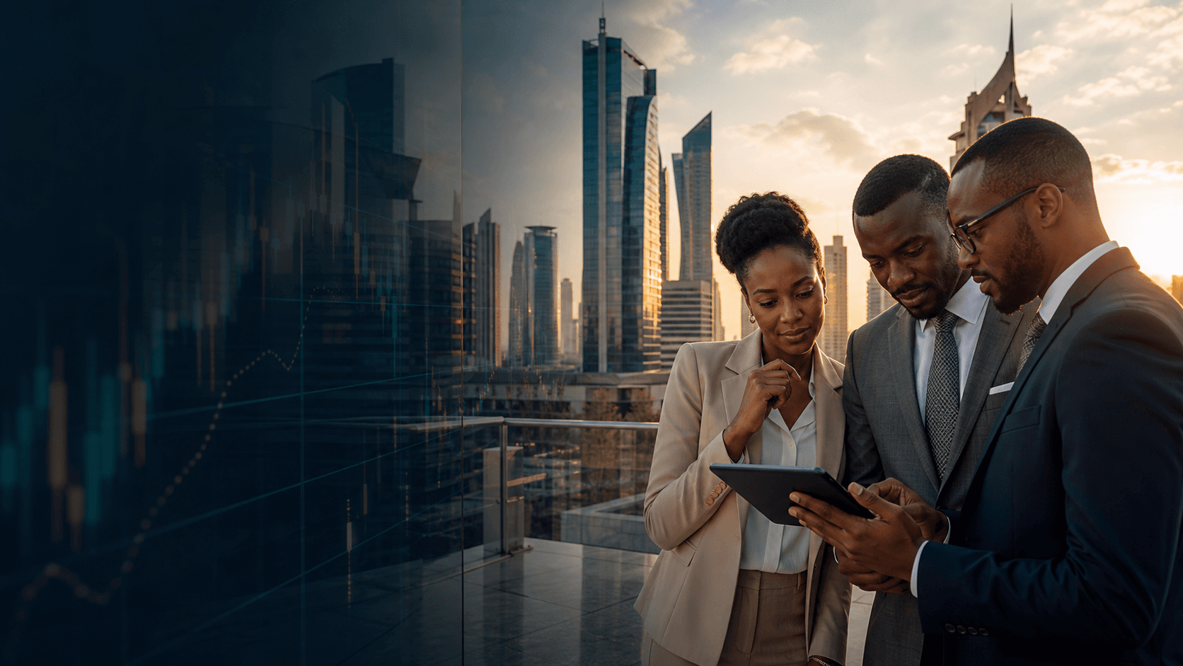 African business professionals reviewing trading charts in a modern financial district